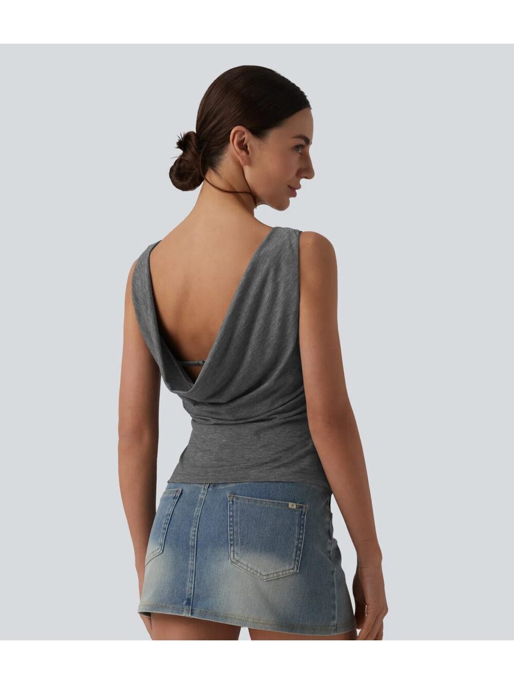 Halara Boat Neck Cowl Back Ruched Casual Tank Top Gray Size Medium